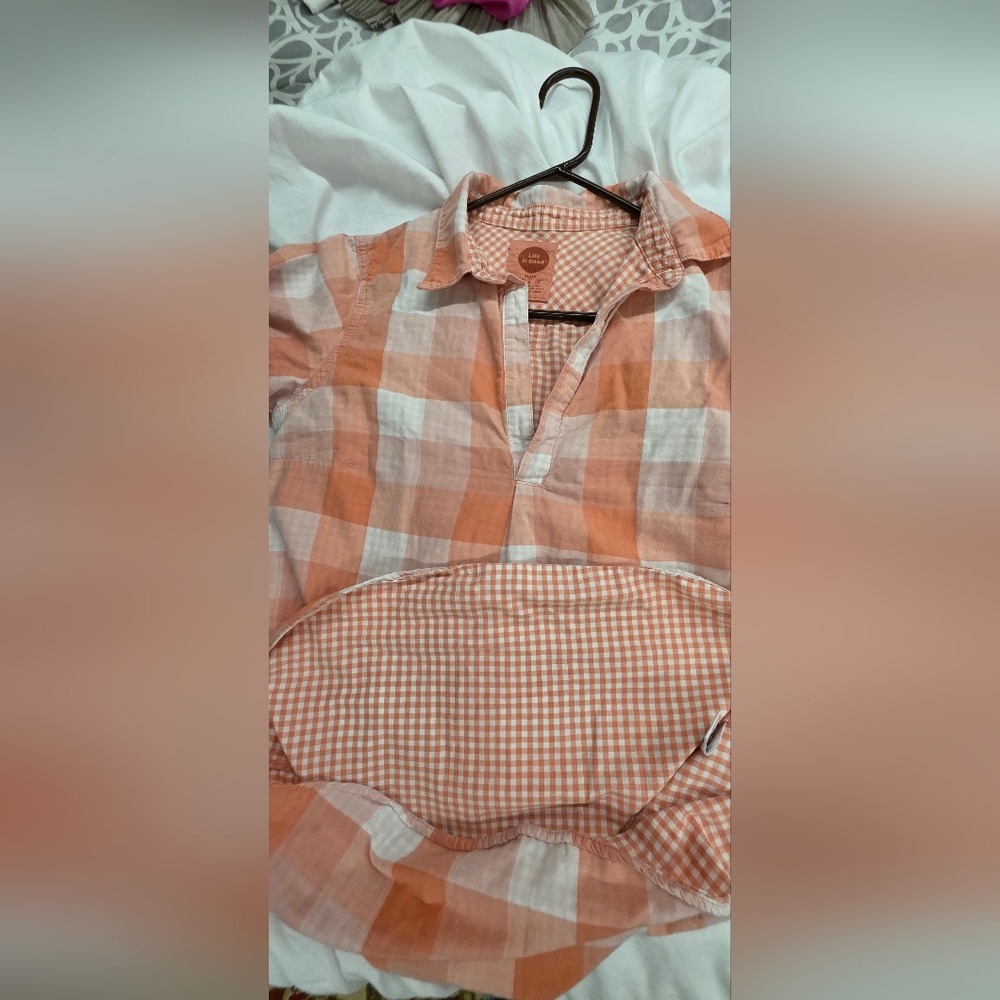🍁Life is Good Peach Gingham Popover Tunic Shirt “Love What You Love” Size Small - Picture 7 of 11